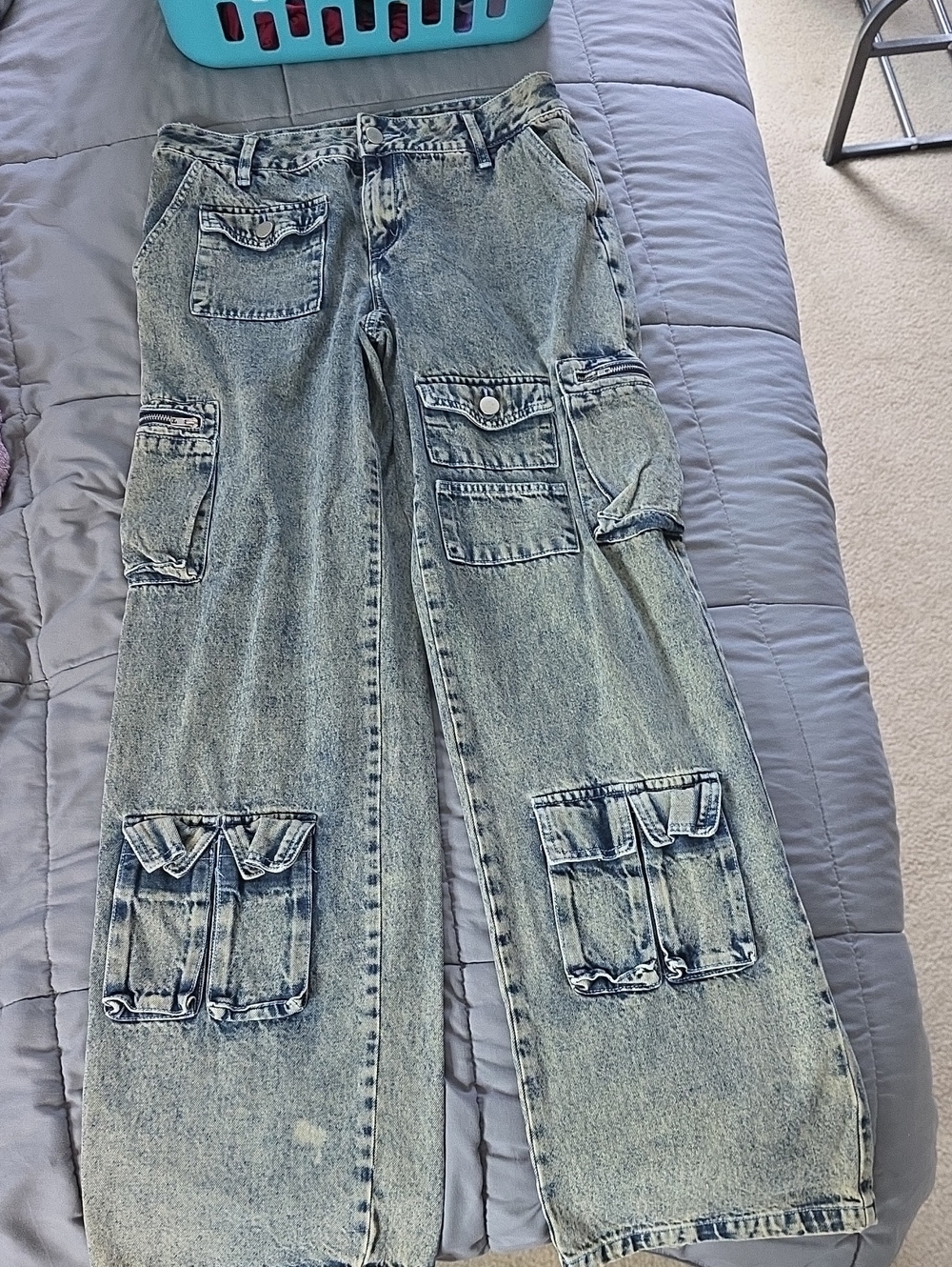 Fashion Nova Light Blue Wide-Leg Cargo Jeans with Utility Pockets